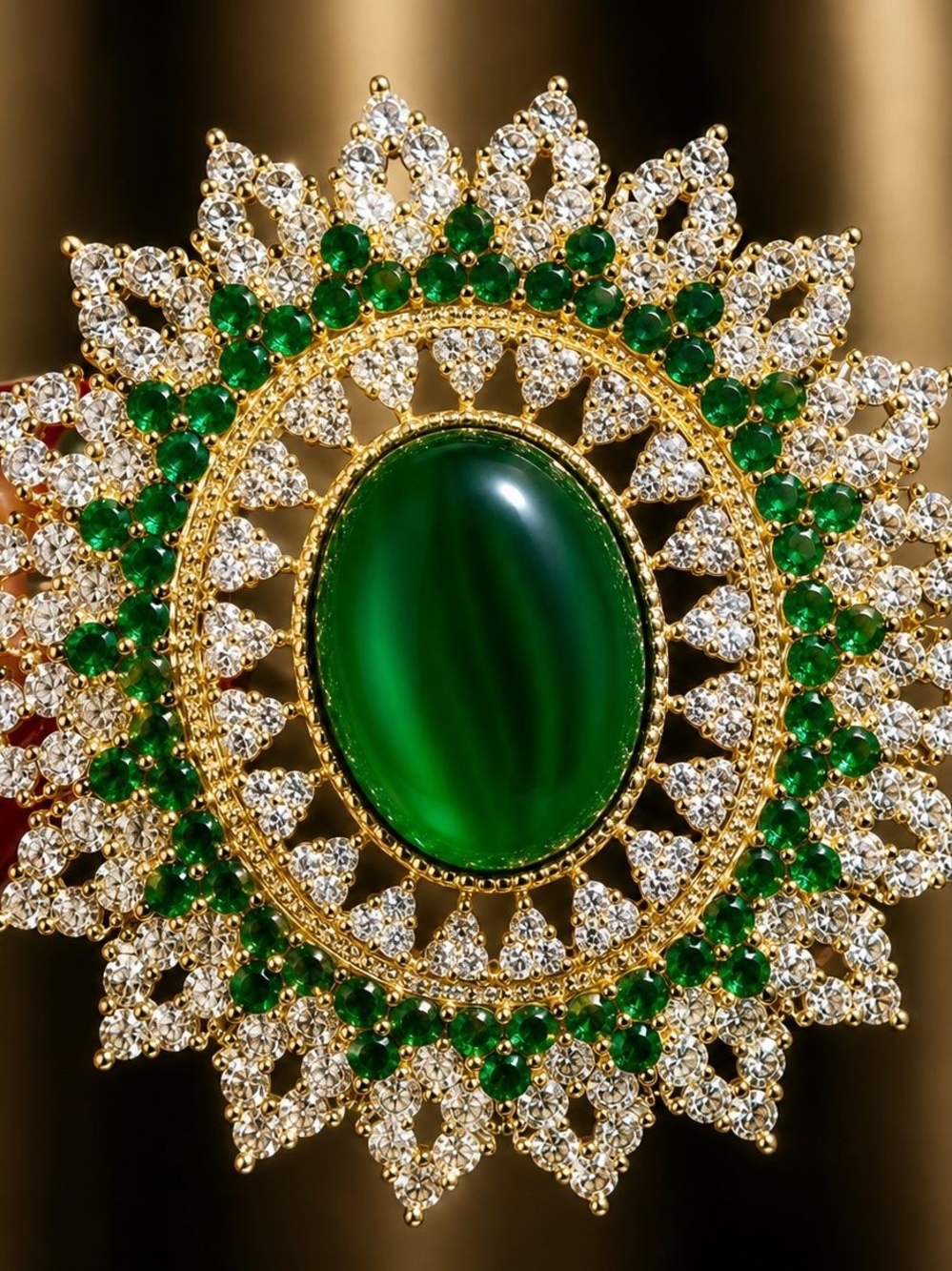 Gold-Tone Emerald and Clear Sunburst Brooch - Picture 2 of 5